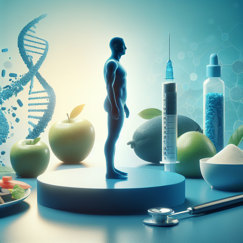 Image symbolizing weight loss and diabetes management, showing a human silhouette with insulin and nutritious food.