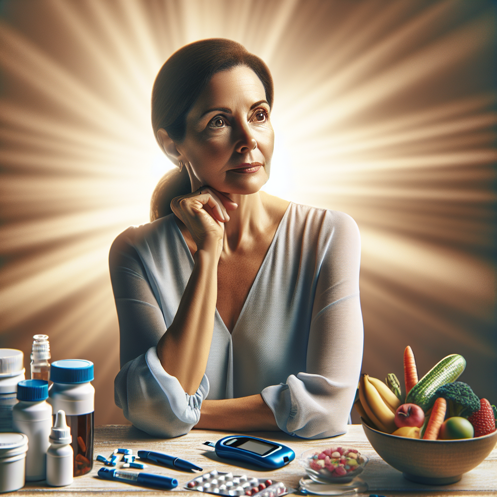 A realistic scene of a woman contemplating her diabetic journey with related supplies on the table.