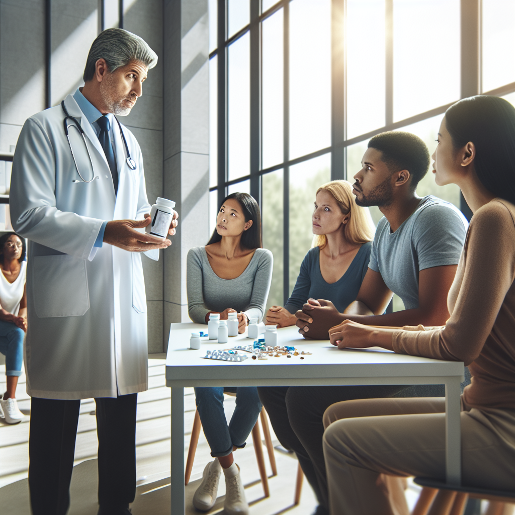 Diverse group consulting a doctor about weight loss in a modern clinic setting.