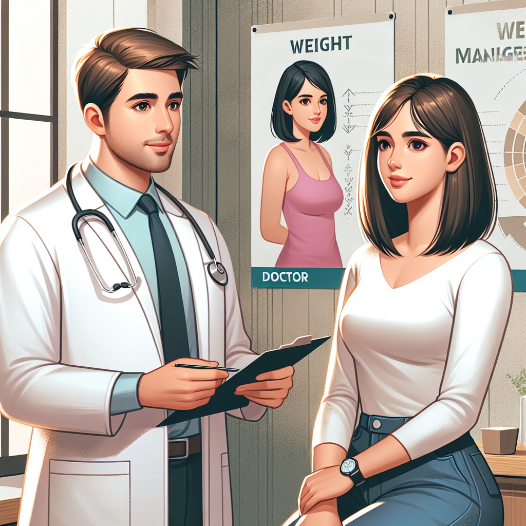 A doctor consulting with a patient about weight management in a modern clinic setting.