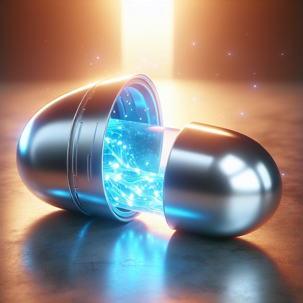 Futuristic medicine capsule with a glowing blue mist inside.