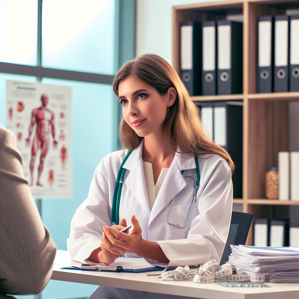 A healthcare professional discussing weight loss treatment with a patient.