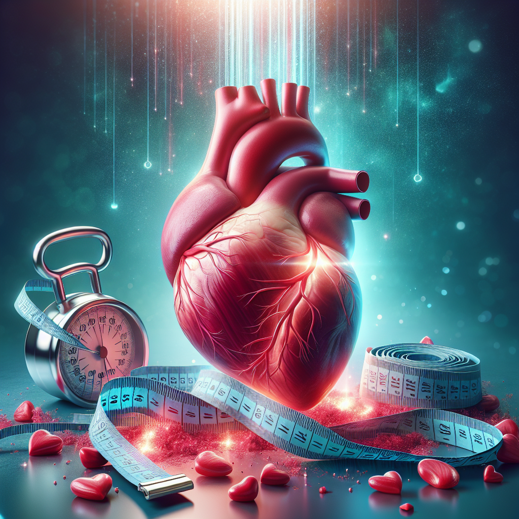 Representation of heart health and weight loss with a healthy heart and measuring tape.