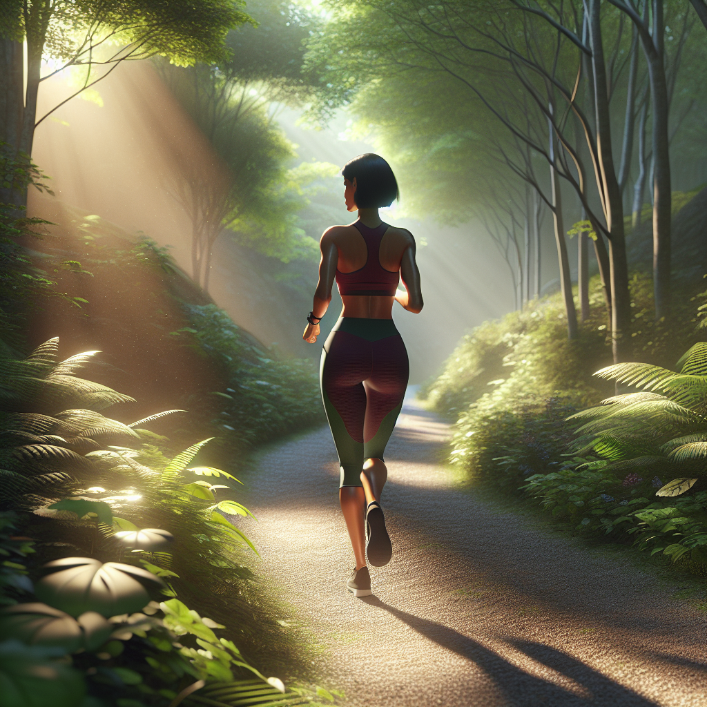 A person jogging through a scenic forest trail, surrounded by lush greenery and illuminated by sunlight filtering through the trees.