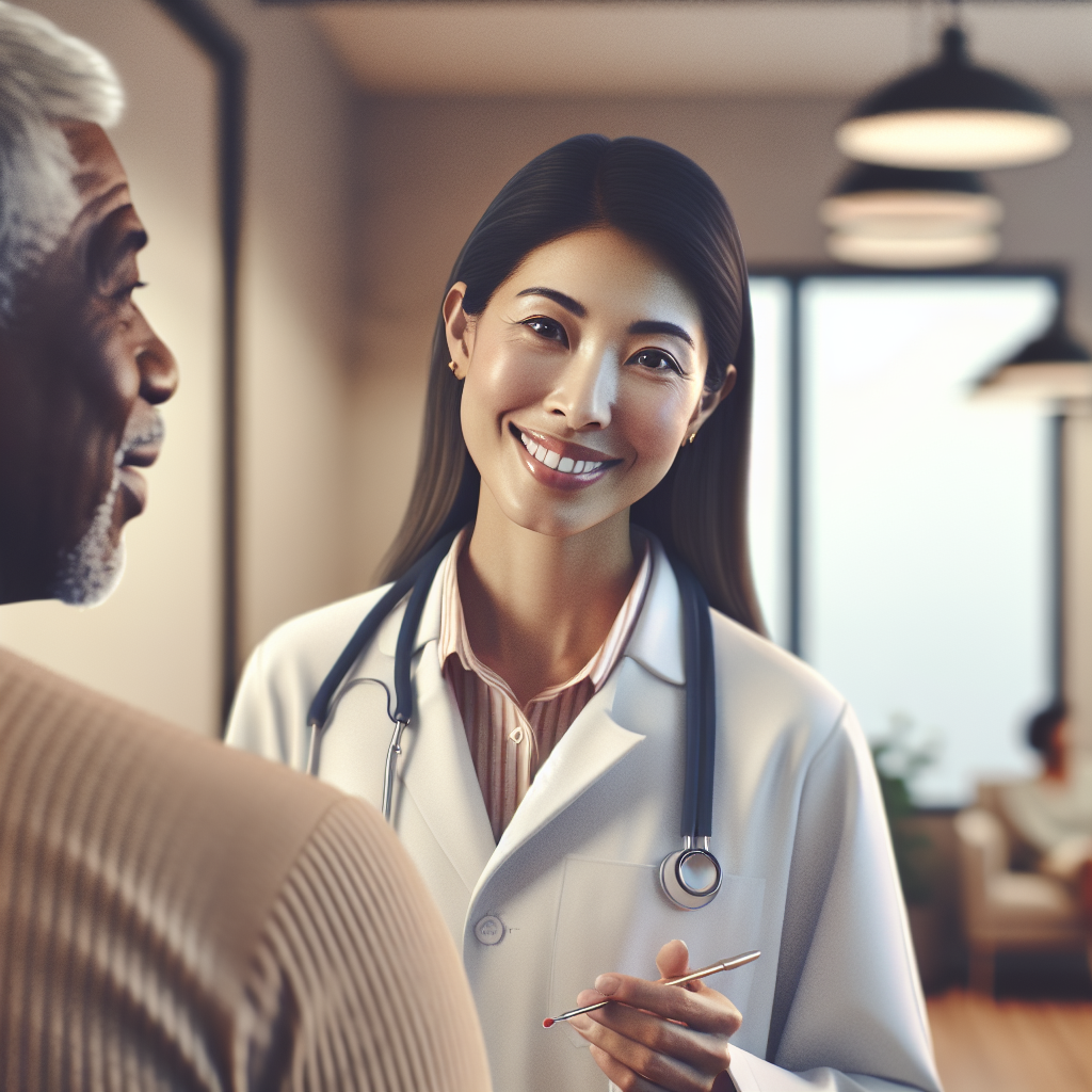 A welcoming interior of a semaglutide clinic with a patient and doctor interaction.