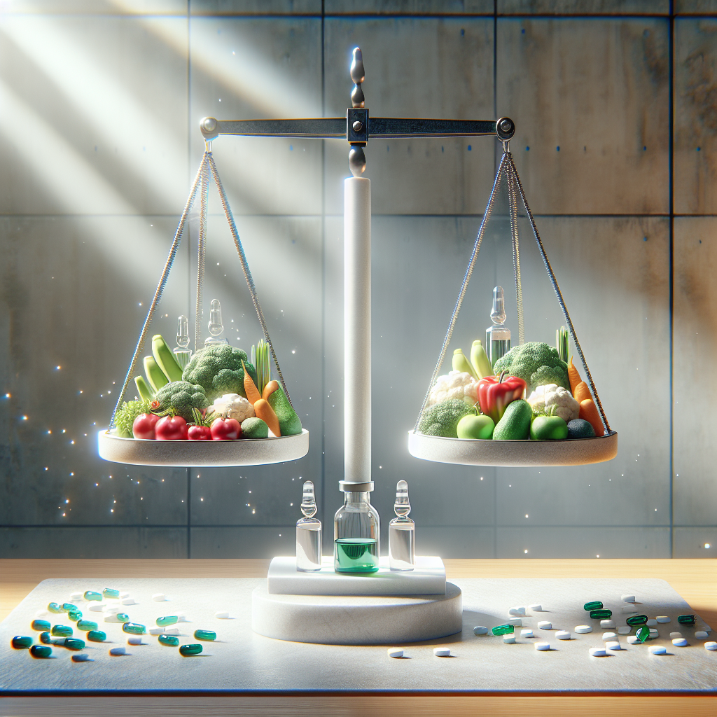 An abstract representation of a balanced scale with healthy foods and a vial, symbolizing semaglutide weight loss.