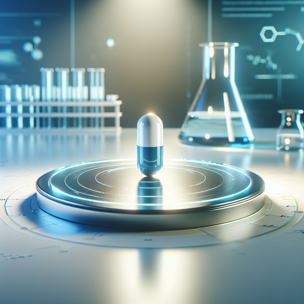 Realistic image of an innovative weight loss medication pill in a clean lab environment.