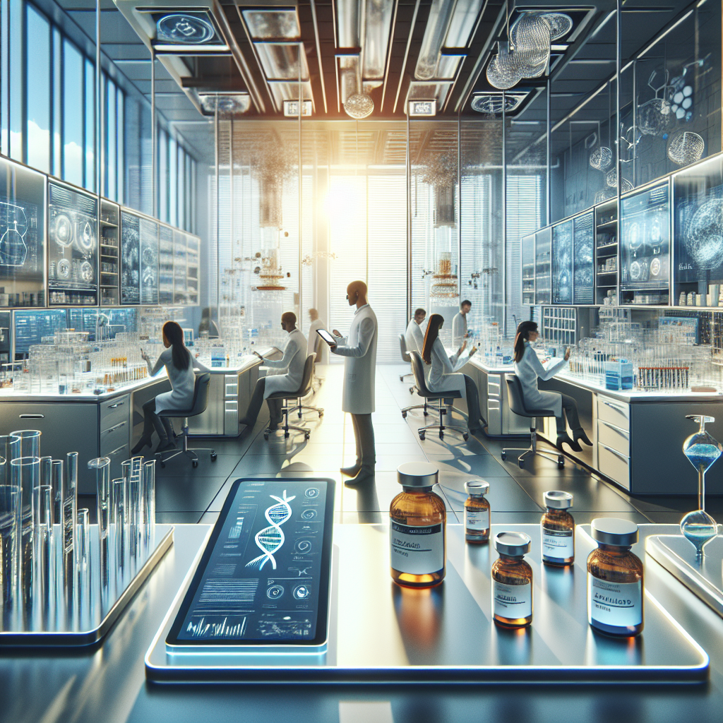 Futuristic research lab focused on weight loss innovations with a vial of medication.