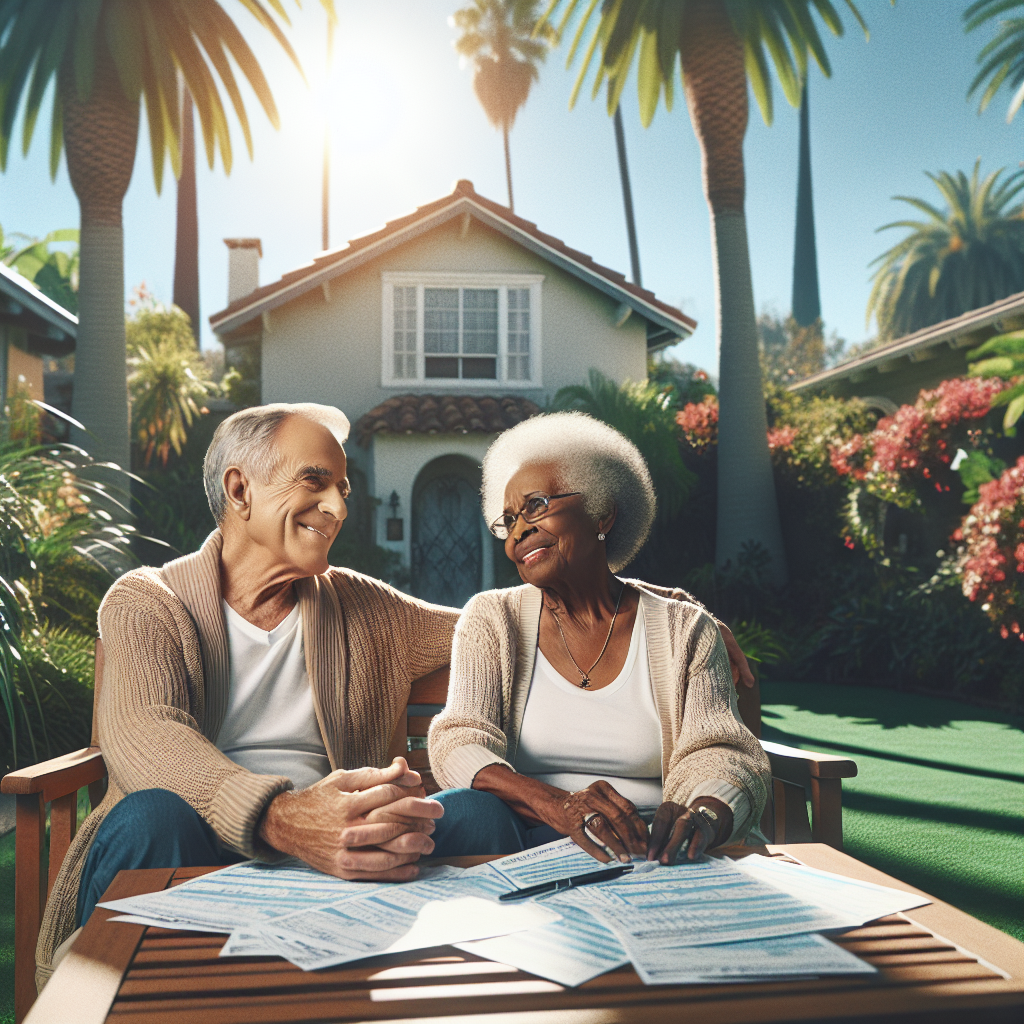 An elderly couple in California discussing retirement taxes outdoors.