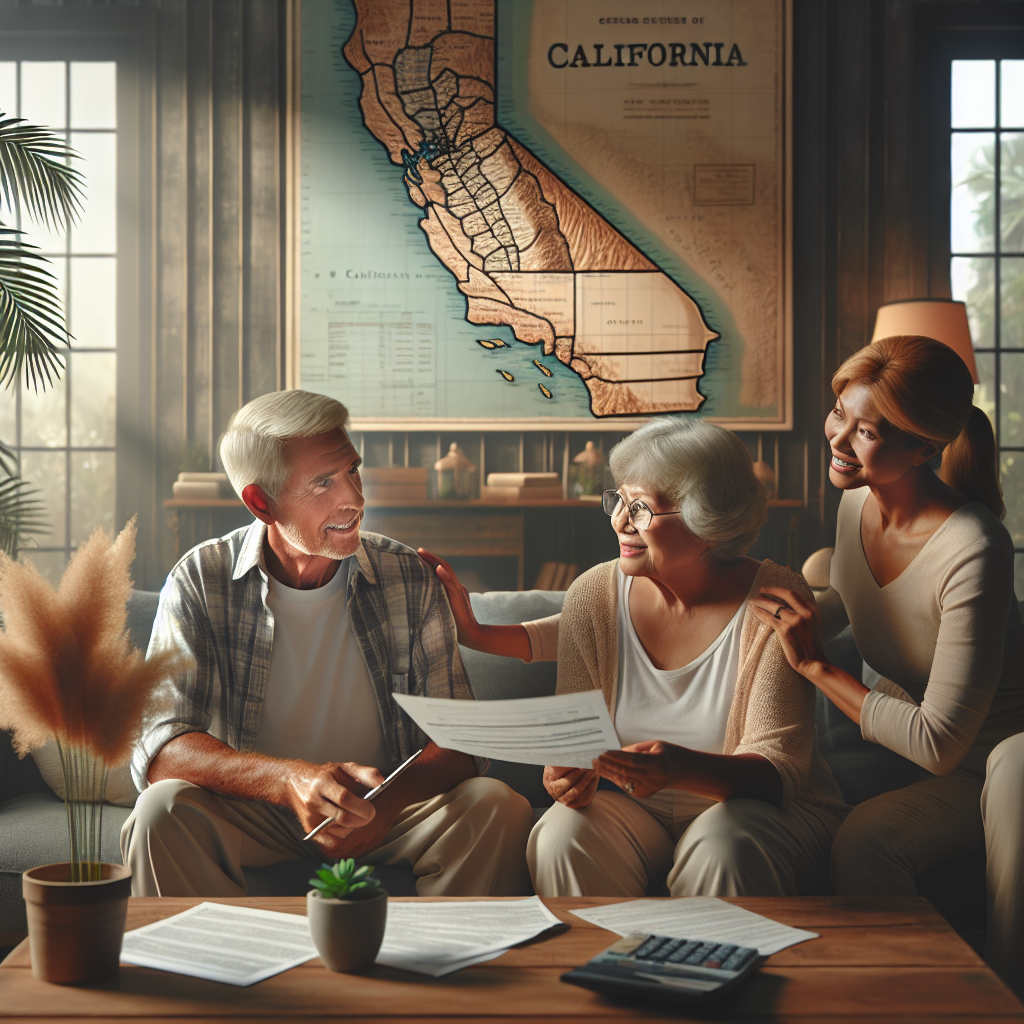 A realistic image of an elderly couple discussing California retirement taxes with a financial advisor in a cozy, California-themed living room.
