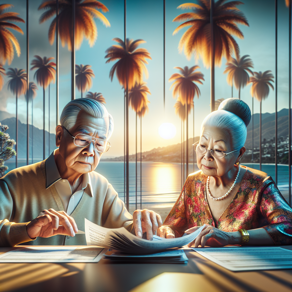 Realistic image of an elderly couple reviewing financial documents with a California backdrop.
