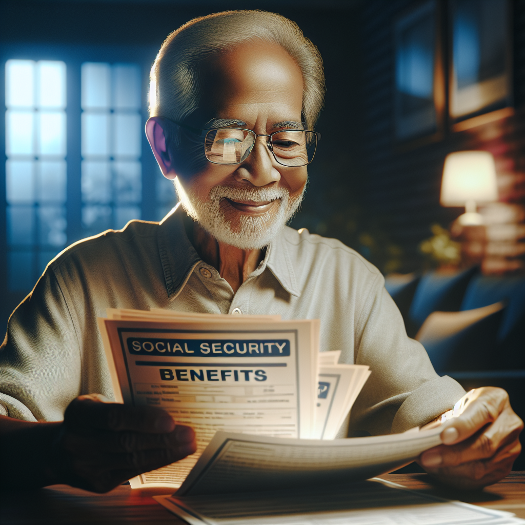 A senior citizen smiling at a table with Social Security Benefits documents, in a cozy living room setting.