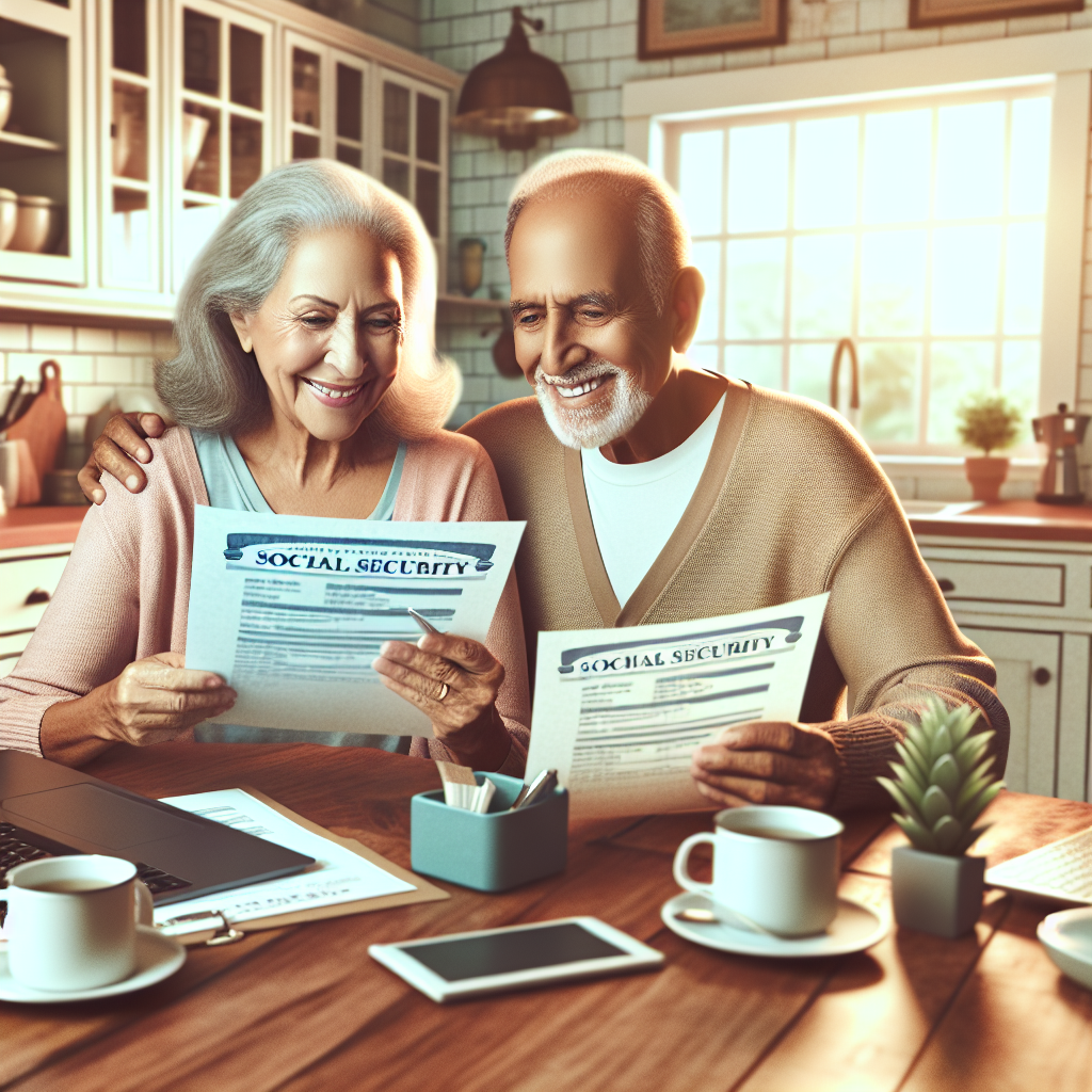 An elderly couple reviewing social security benefits documents at a kitchen table.