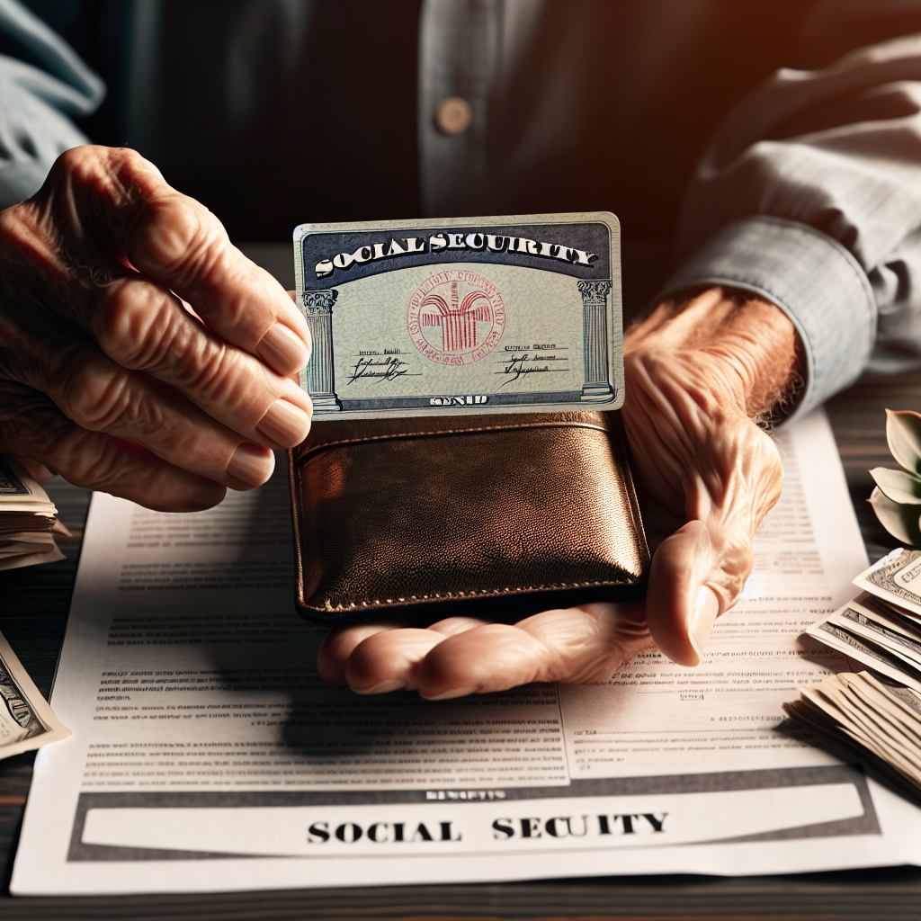 A realistic depiction of social security benefits with official documents and a senior person's hands.