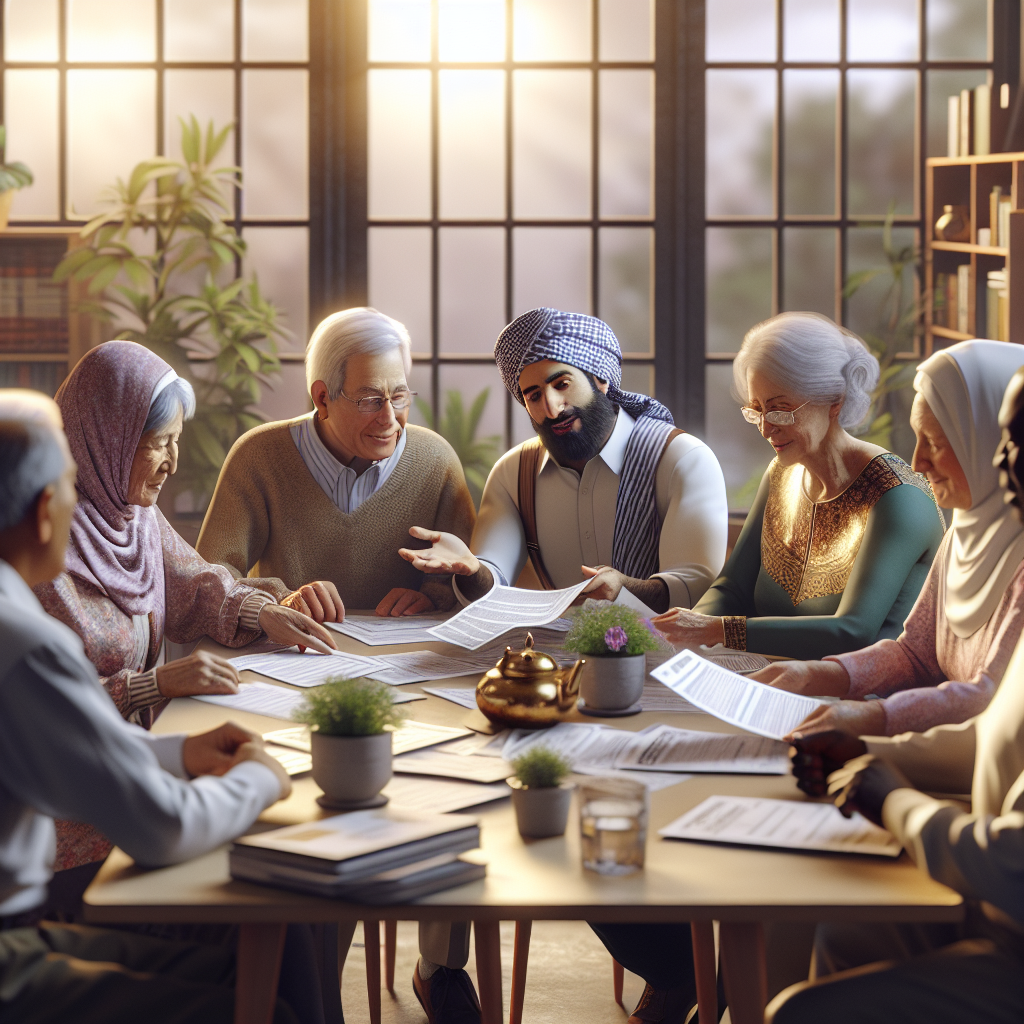Seniors discussing social security benefits in a cozy, well-lit room.