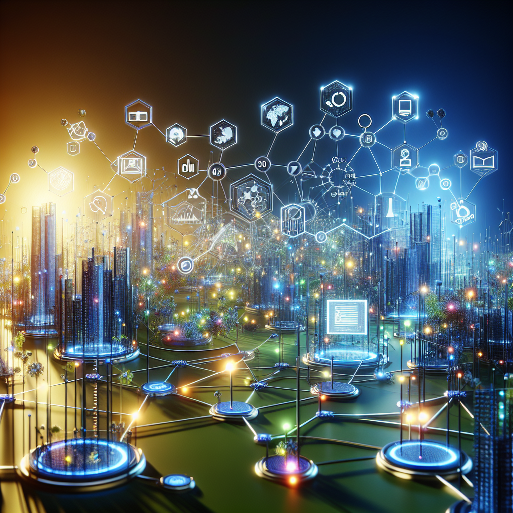 A detailed digital landscape illustrating various SEO strategies with interconnected nodes and graphs.