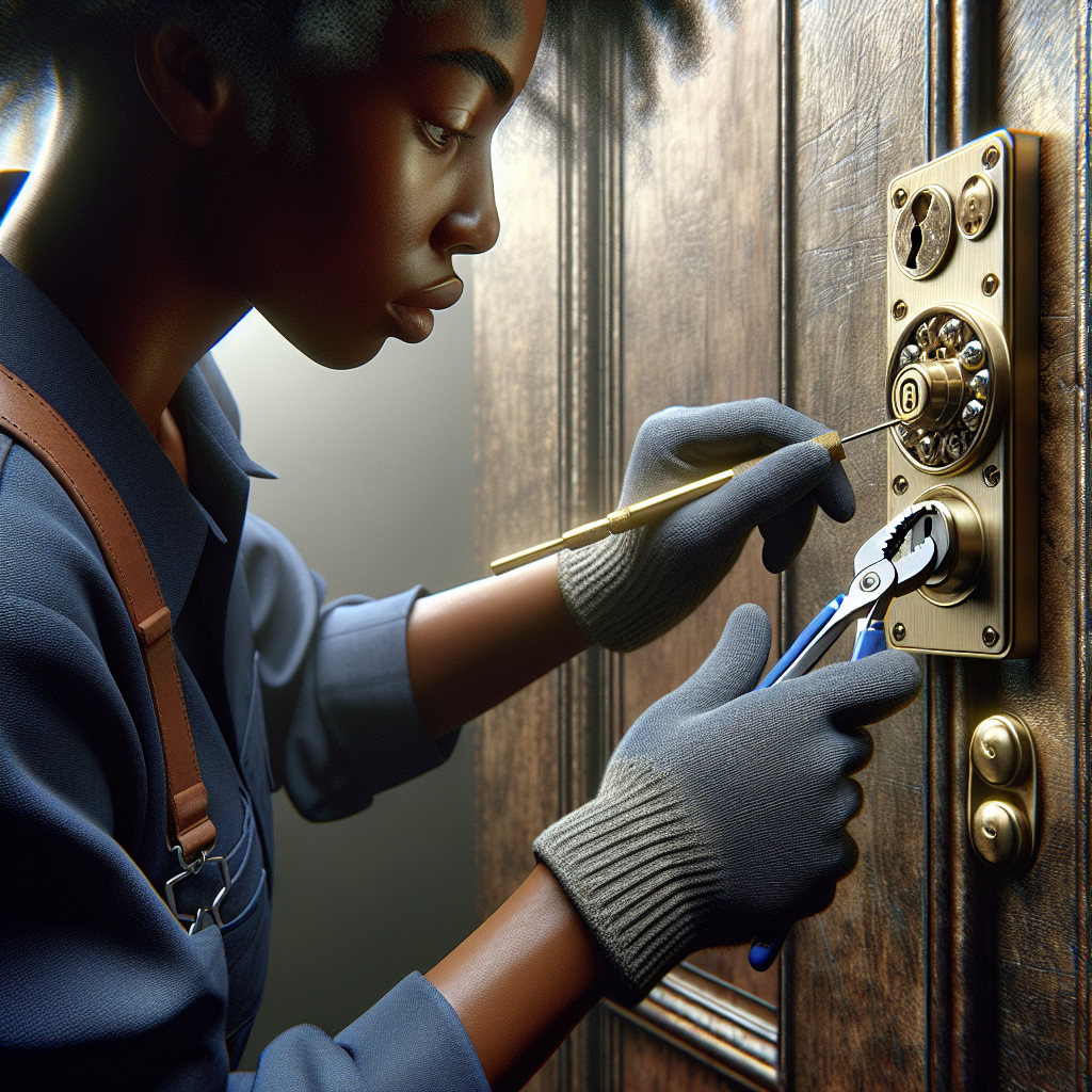 A professional locksmith working on a lock, focusing on his hands and tools.