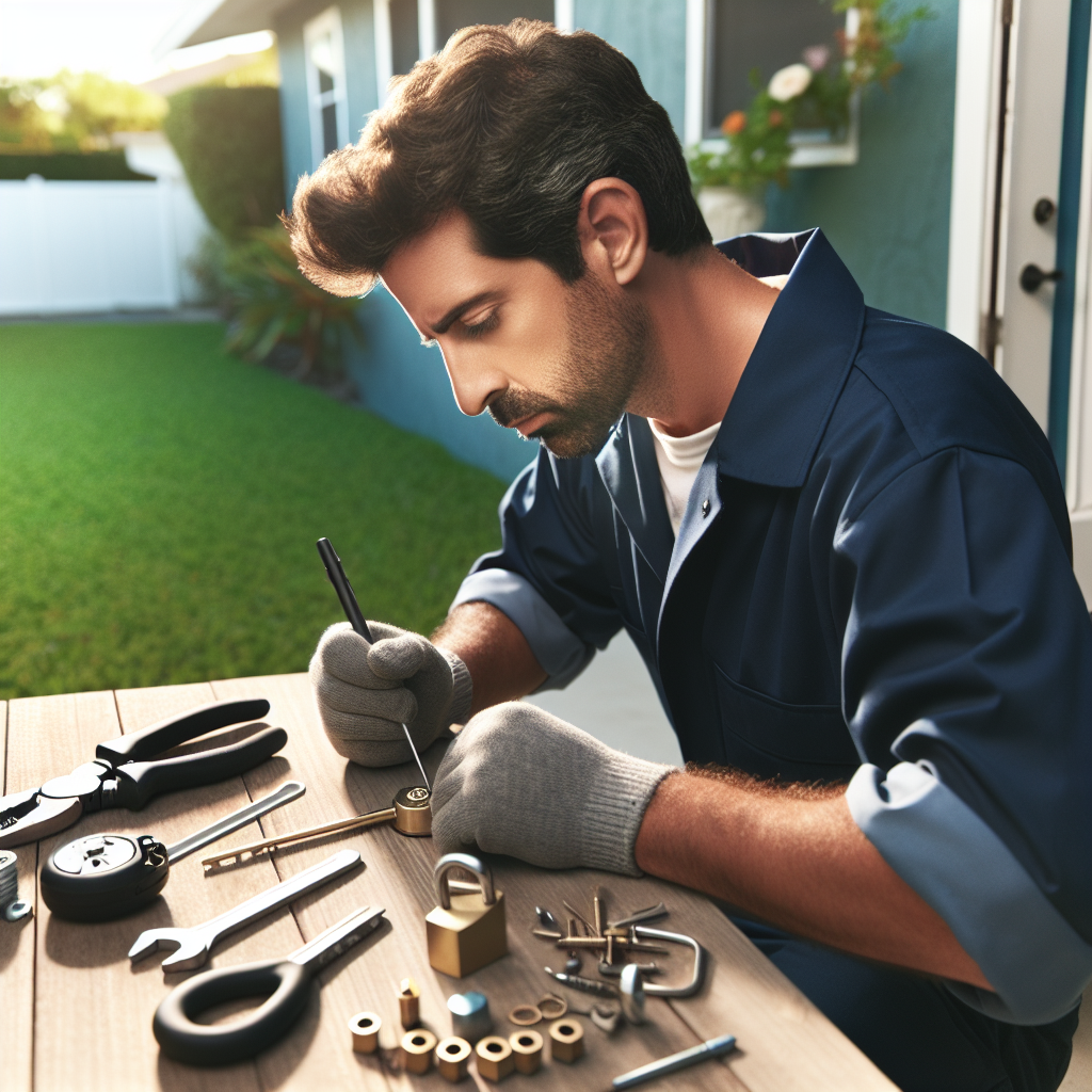 A locksmith working on a door lock in front of a house, using professional tools.