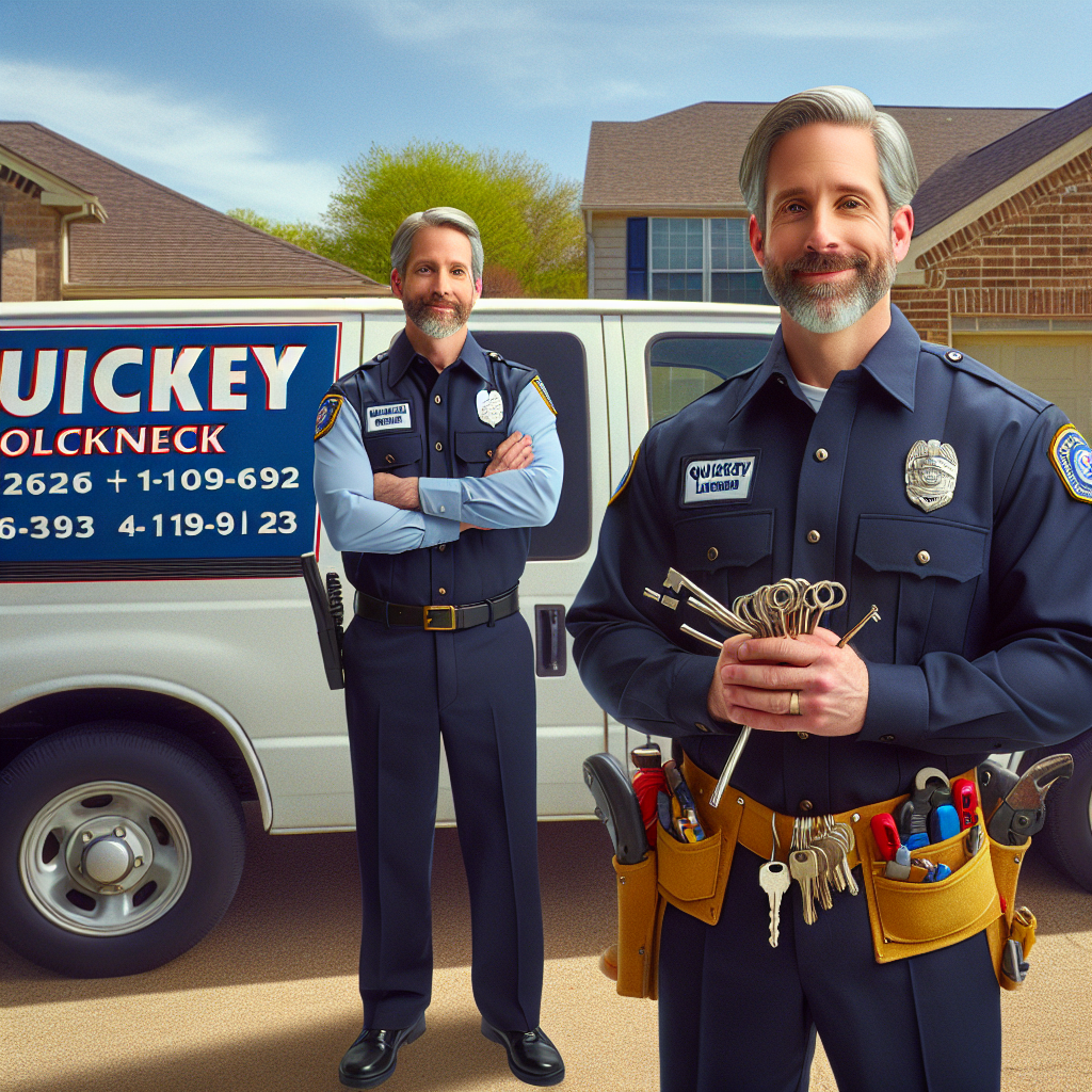 A professional MLA locksmith from Quickey Locksmith in a suburban neighborhood, with tools and a branded van.