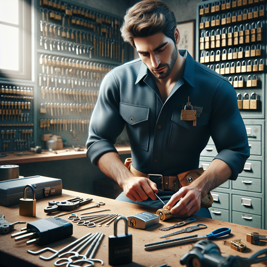 A locksmith working at a workshop table, surrounded by tools and locks.