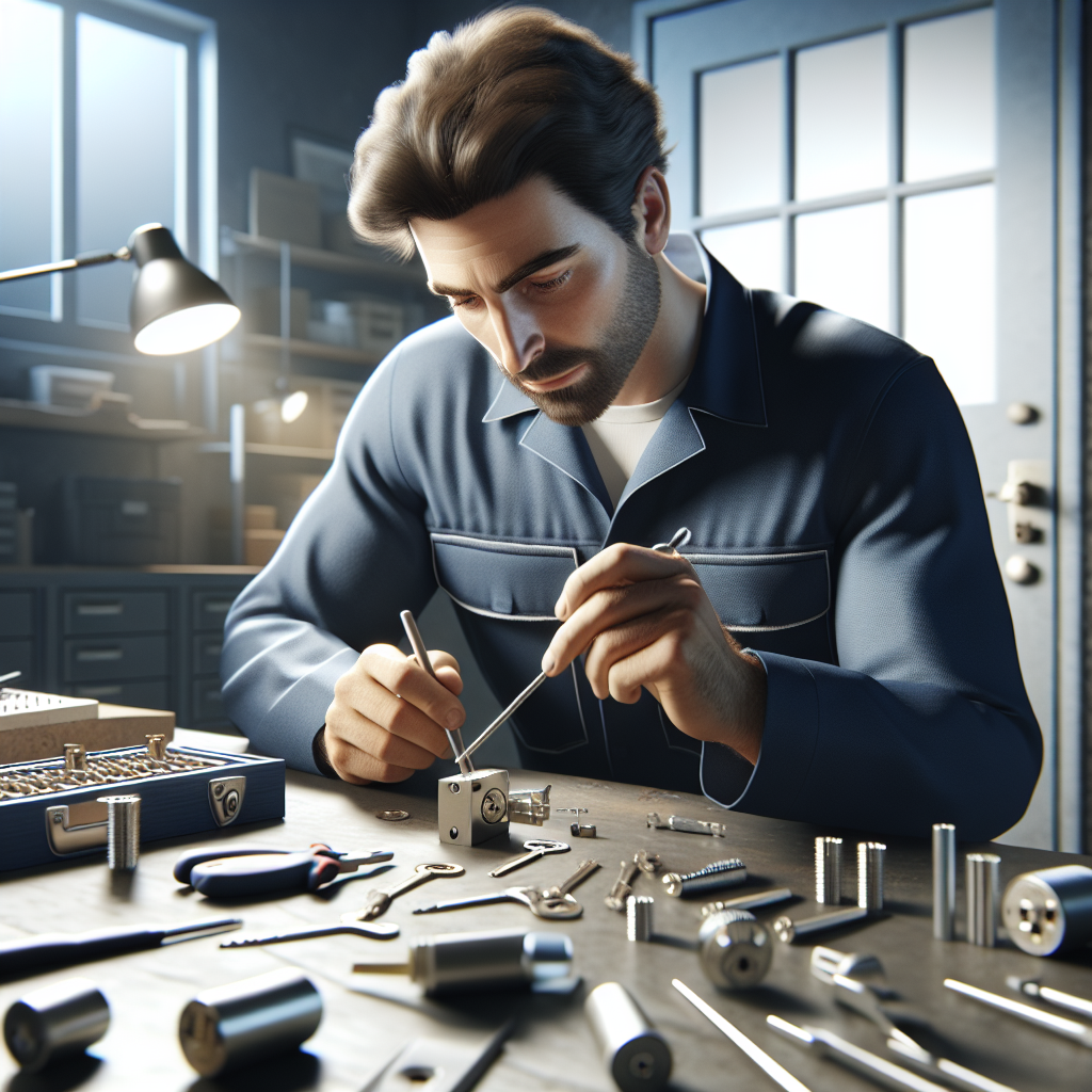 Professional locksmith working on a lock in a modern workshop.