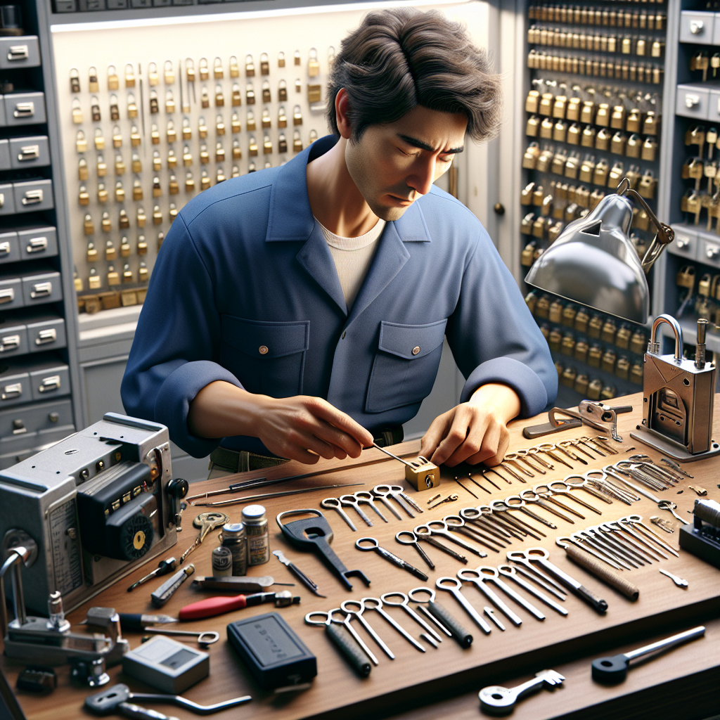 A locksmith rekeying a lock with various tools on a workbench.