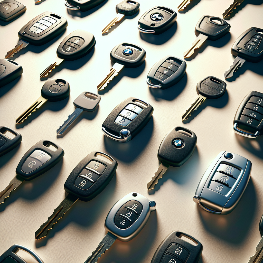 A variety of replacement car keys on a table, brightly lit with natural lighting.