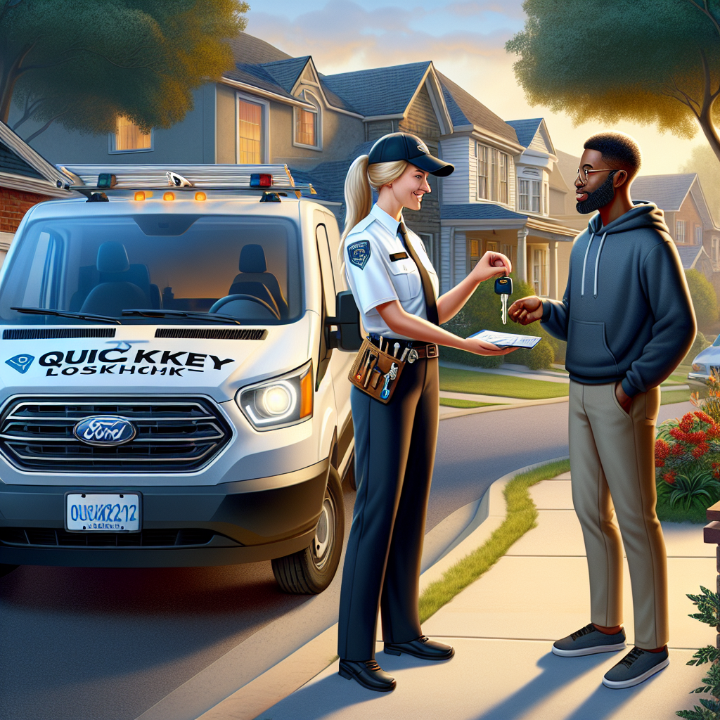 Professional locksmith handing car keys to a customer next to a locksmith van in a suburban neighborhood.