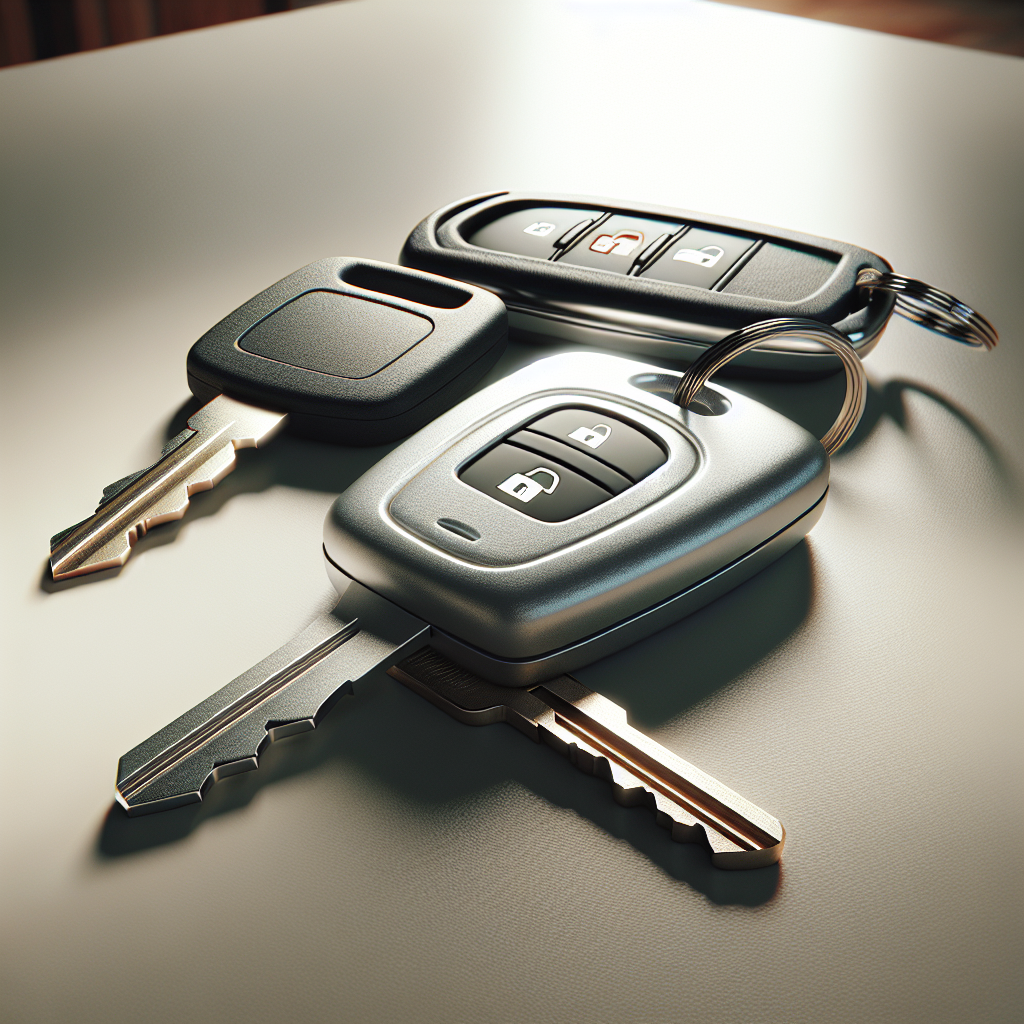 A set of car keys on a table, including a modern key fob and a traditional metal key.