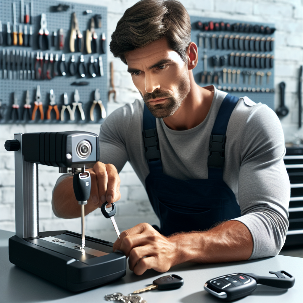 A locksmith working on a car key replacement in a well-organized workshop.