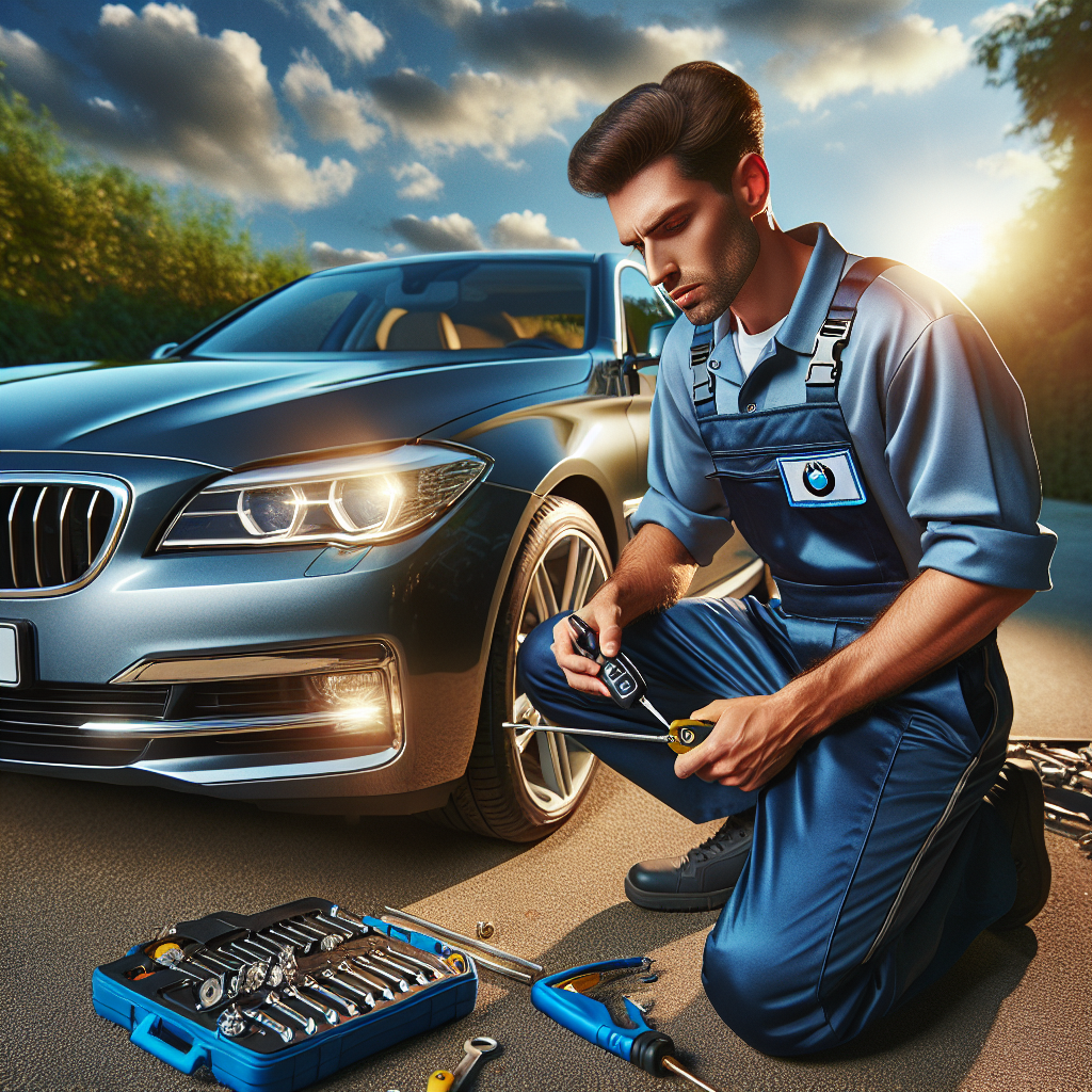 A locksmith in uniform replacing a car key outside a high-end vehicle.