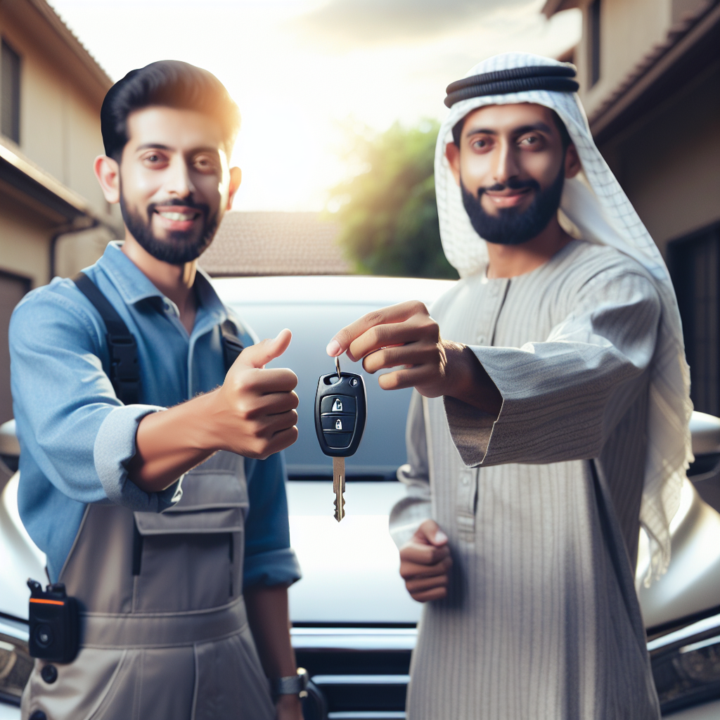 A professional locksmith handing over a car key to a relieved customer beside a modern car.