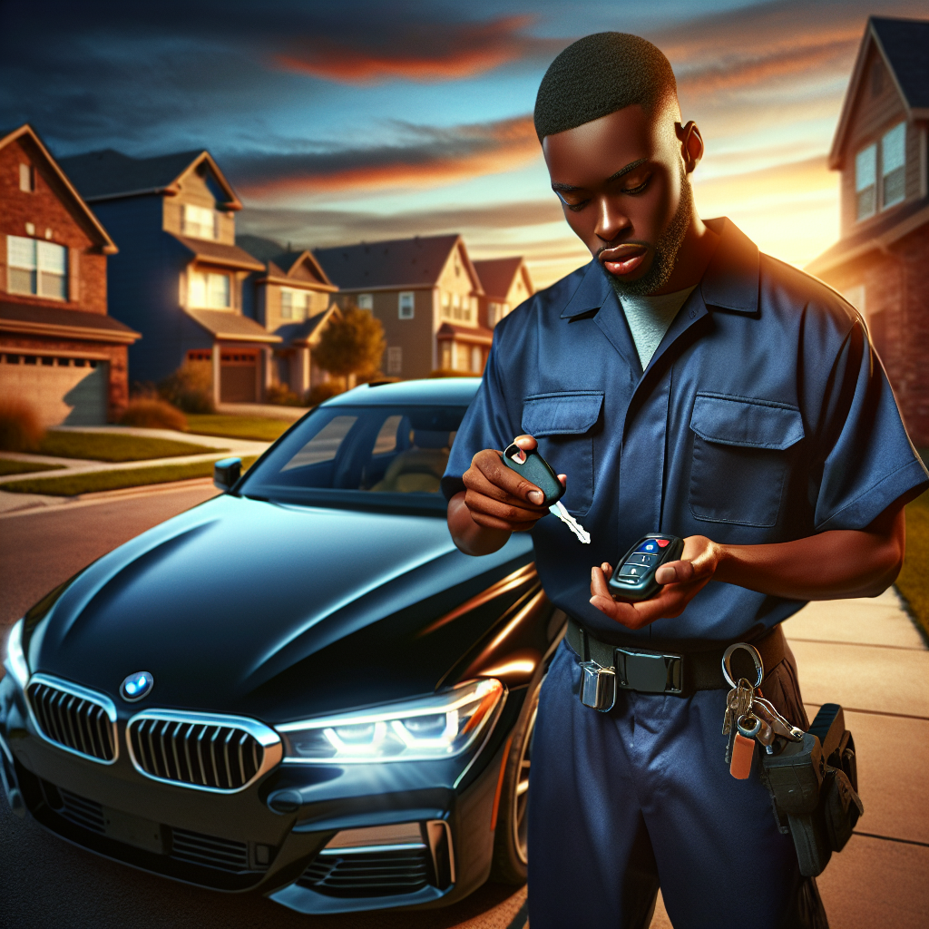 A professional locksmith in a blue uniform working on replacing a high-end car key for a BMW in a suburban neighborhood.