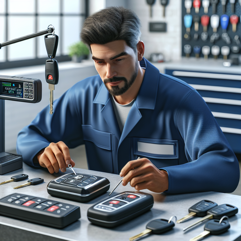 A locksmith using advanced tools to duplicate a modern car key in a well-lit indoor workshop.