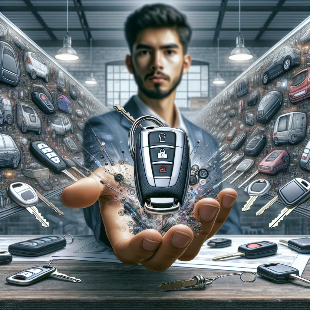 A realistic scene of a car key replacement service with a technician holding a modern car key fob and transponder chip.