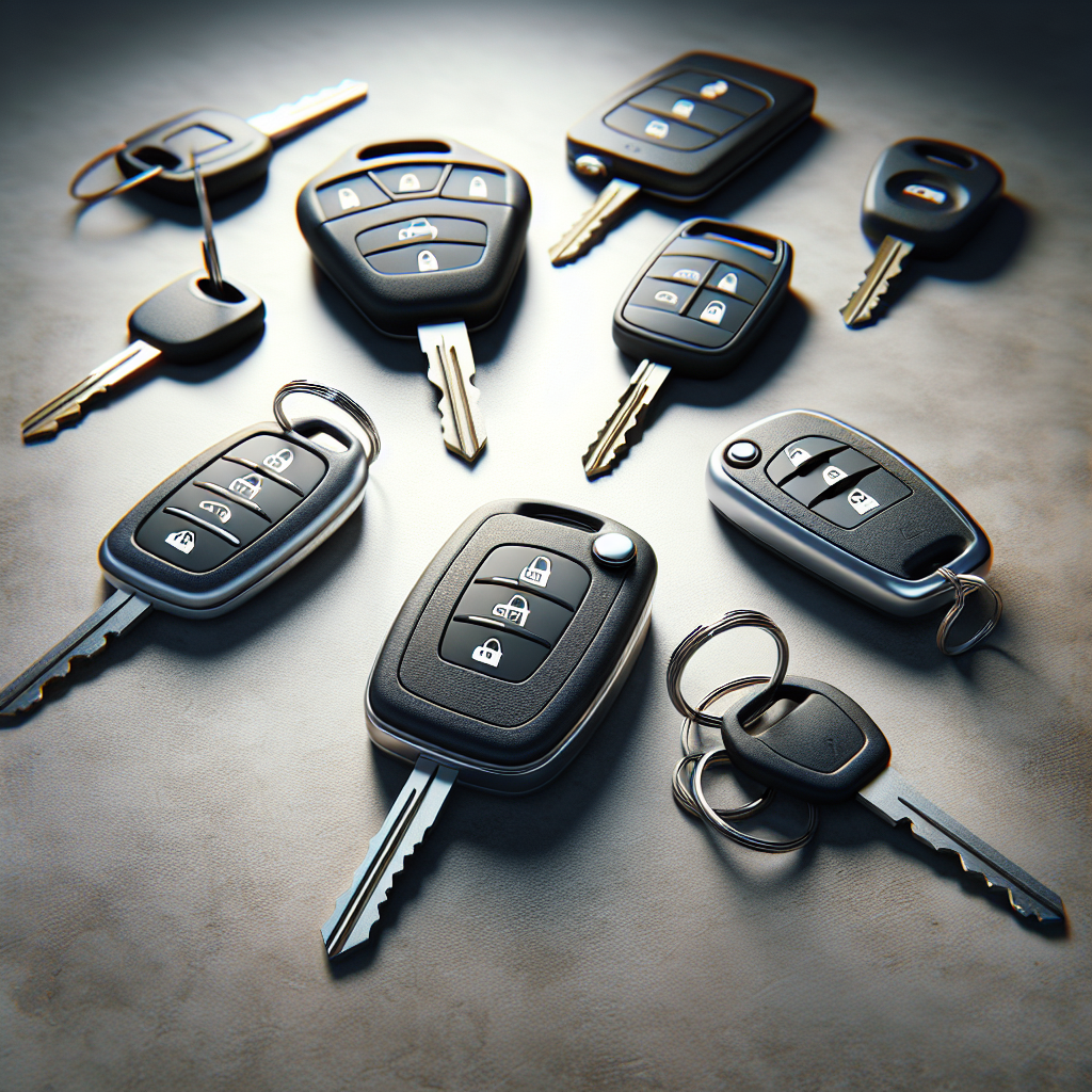 Various types of modern car keys, including traditional metal keys, smart keys with embedded chips, and keyless entry fobs, arranged on a smooth surface.