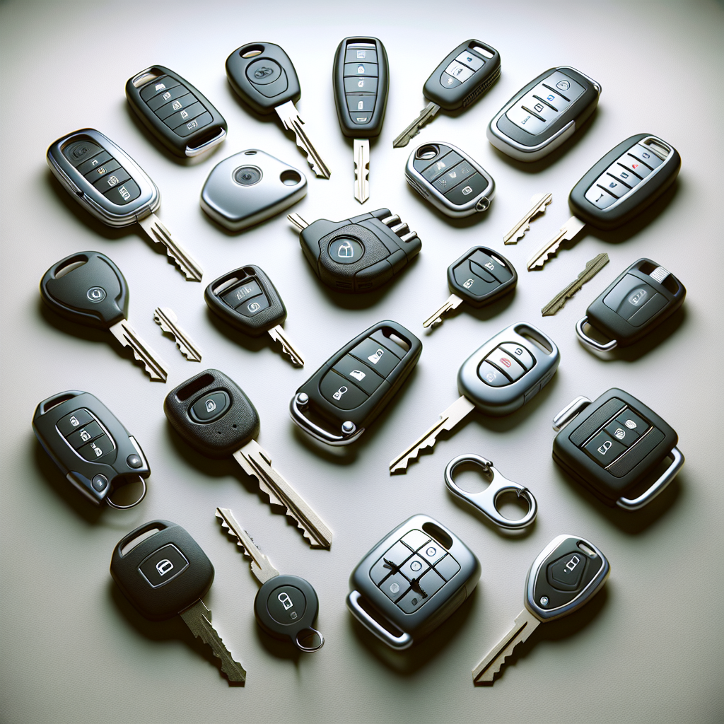 Different types of modern car keys including smart keys, metal keys, and remote control fobs on a neutral background.