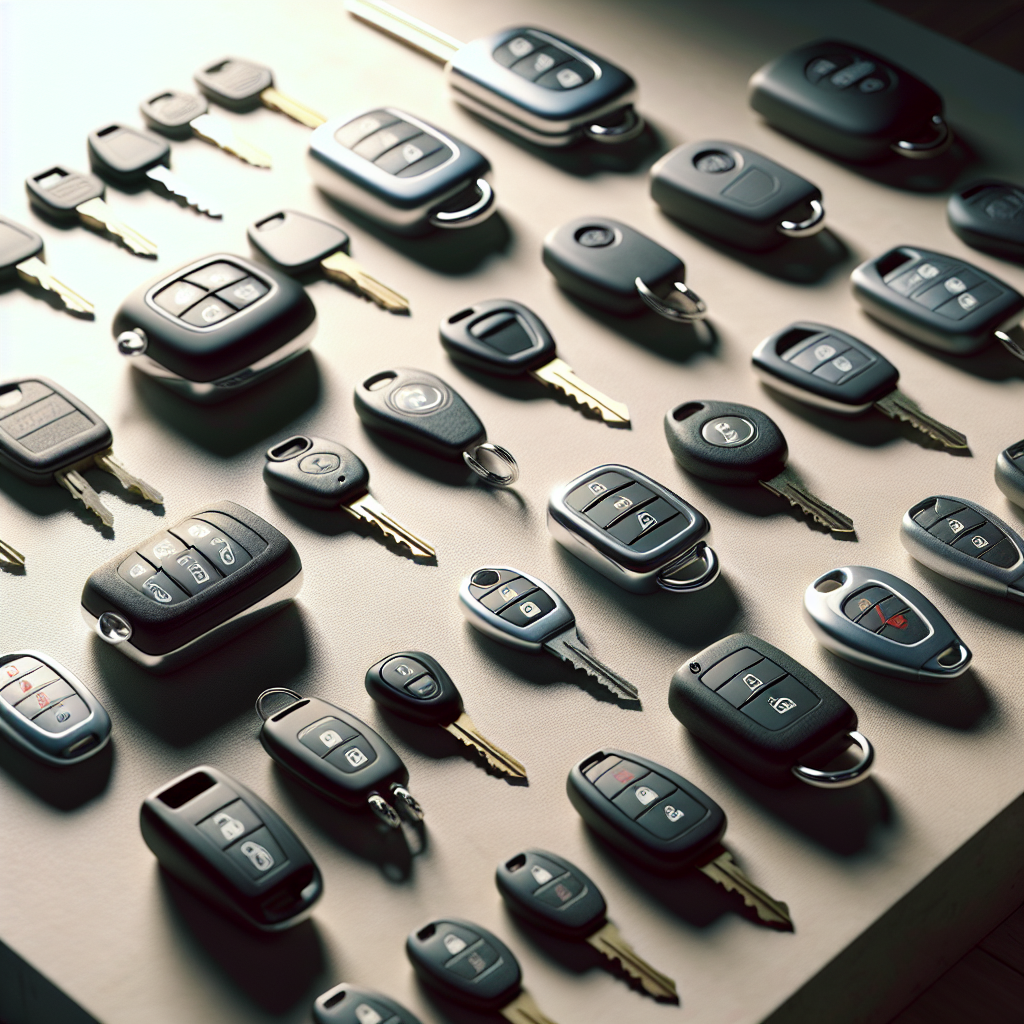 A realistic depiction of traditional, remote, and modern smart car keys on a table.