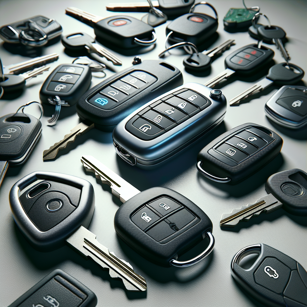 Various car keys, including traditional metal keys, smart keys, and keyless entry systems, displayed on a neutral background.