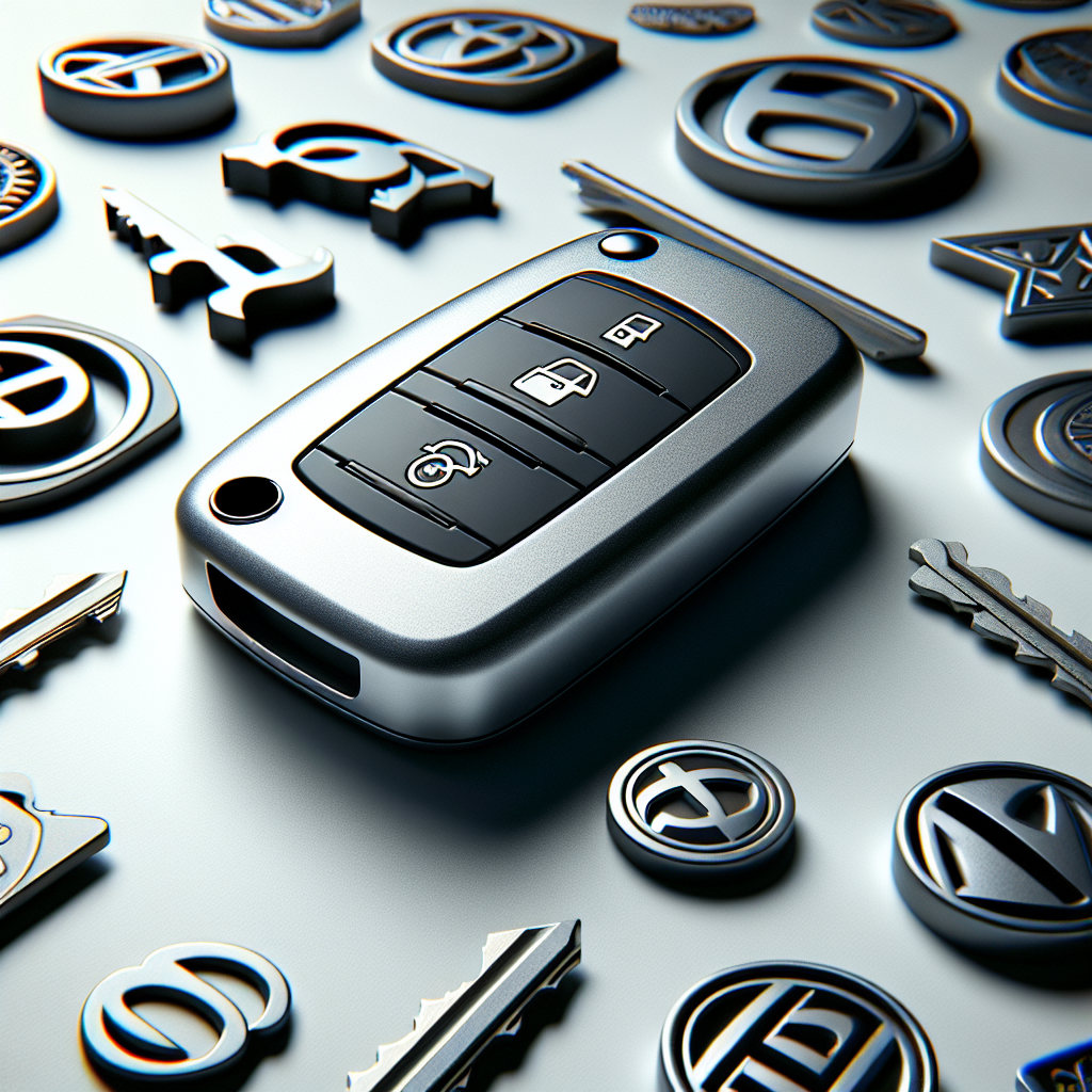 A close-up of a modern car key with transponders and remote access buttons, surrounded by various car brand emblems.