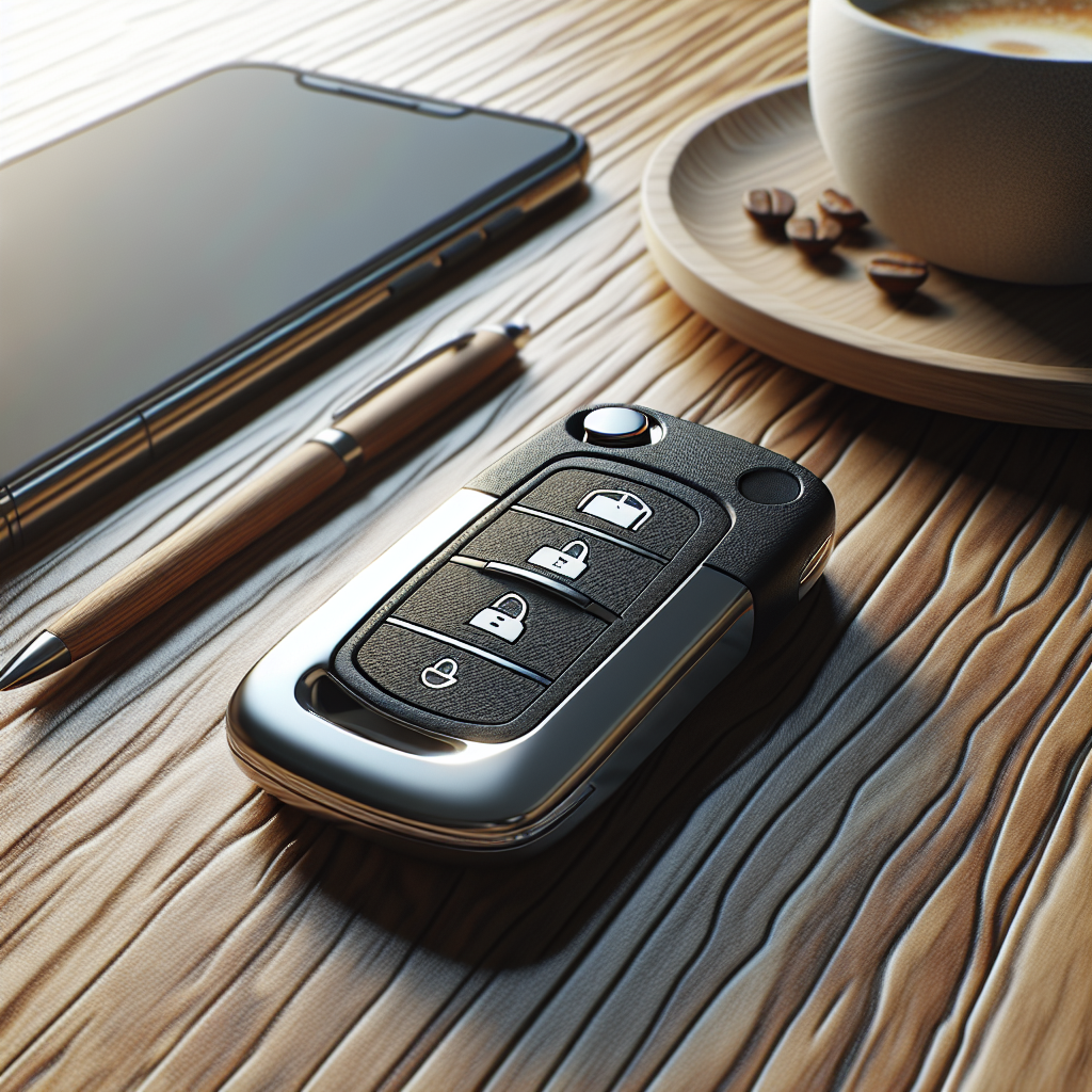 Realistic image of a modern car key on a wooden table next to a smartphone and coffee cup.