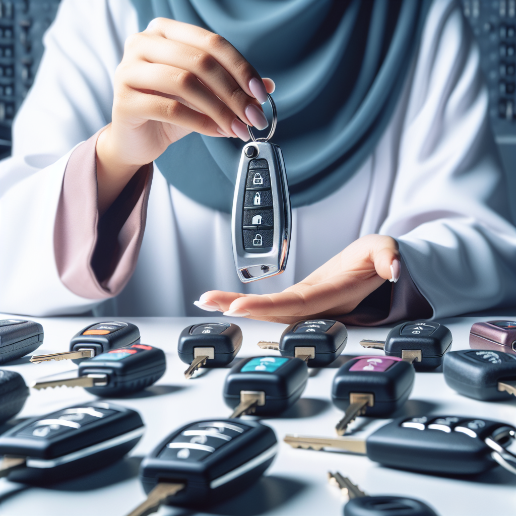 A technician holding a replacement car key with high-tech features in front of an array of car keys from various luxury brands.