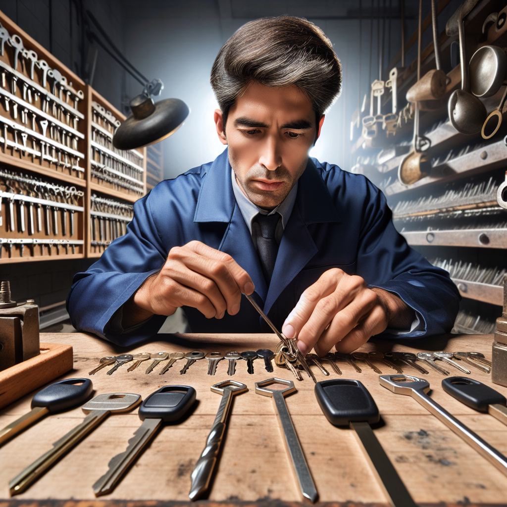 A professional locksmith in a blue uniform working on making car keys in a well-lit workshop.