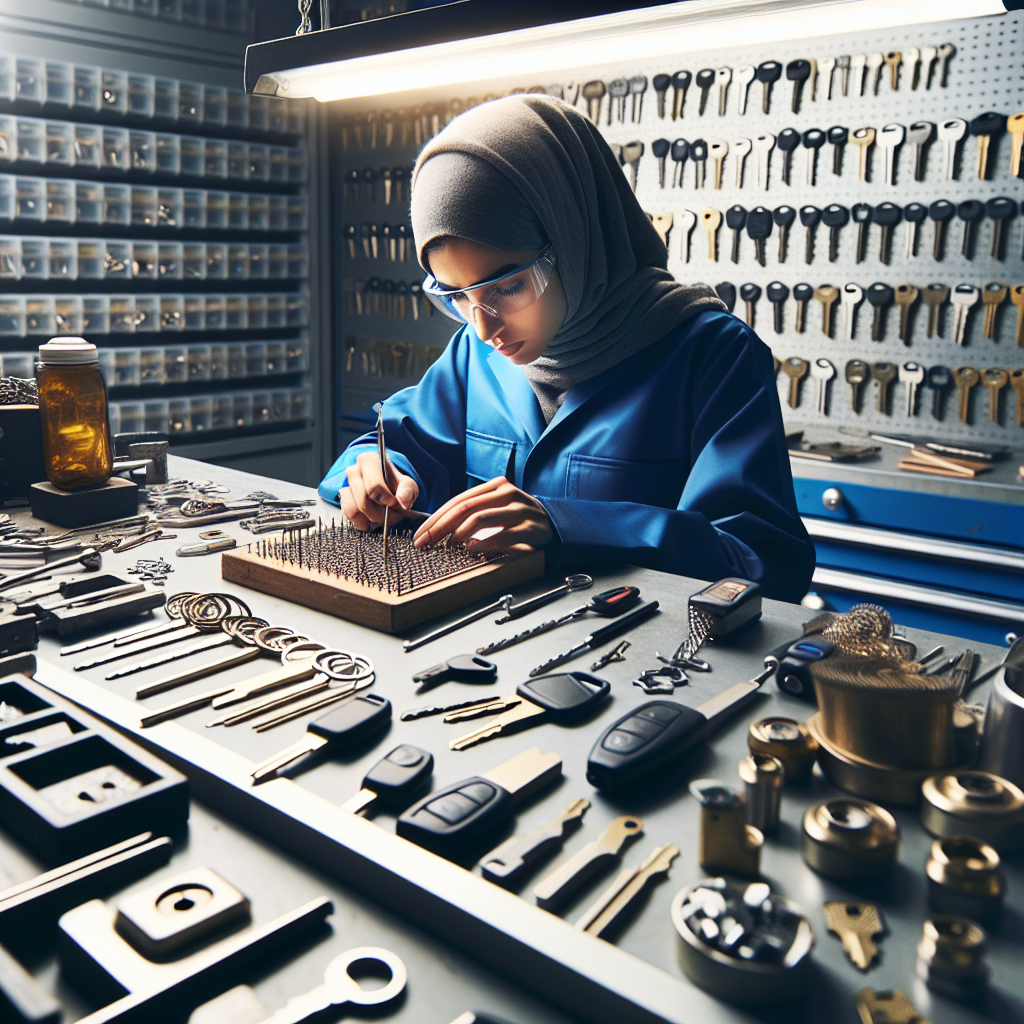 A detailed, realistic scene of a locksmith's workspace with tools and a locksmith crafting a car key.