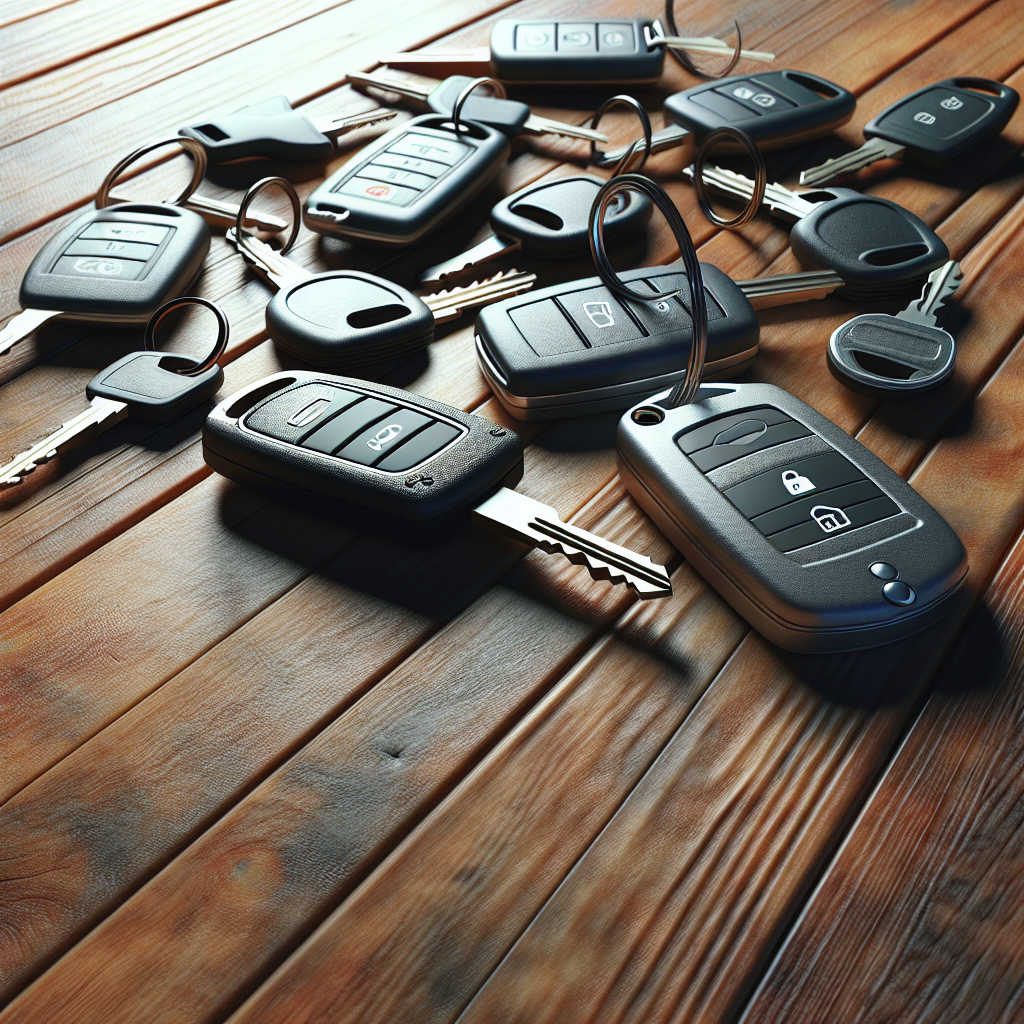 A close-up of various replacement car keys on a wooden table, including traditional metal keys and modern electronic fobs with buttons.