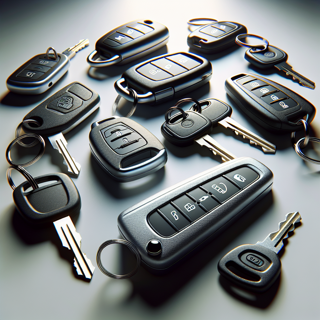 Various types of car keys including traditional metal keys, remote keys, and electronic key fobs on a clean surface.