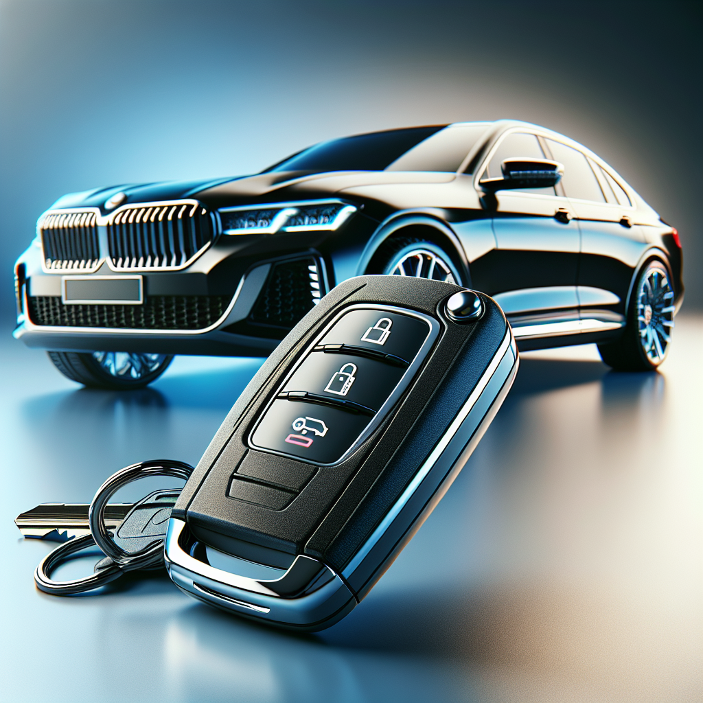 Realistic depiction of an electronic car key and a modern, sleek luxury car in the background.