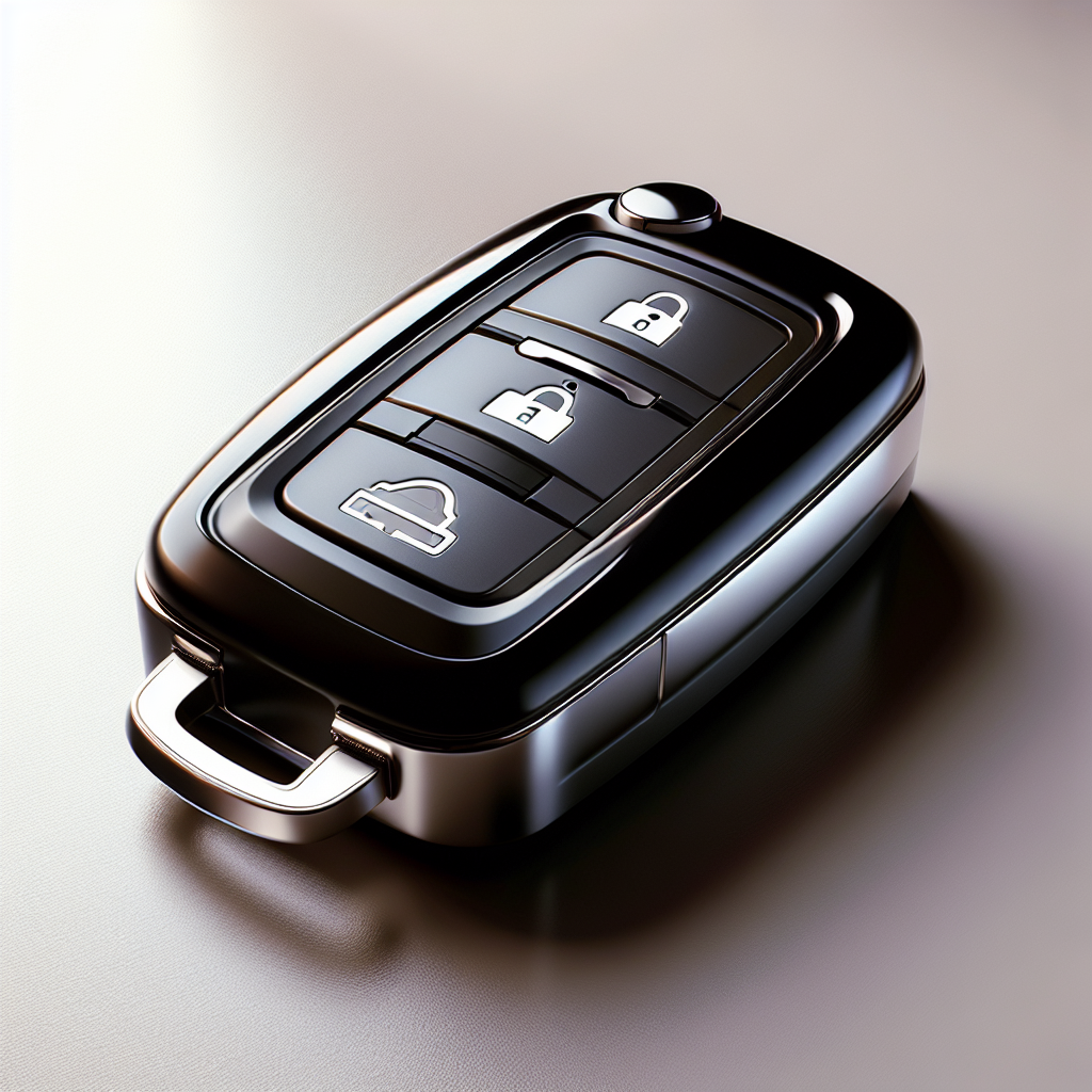 A modern electronic car key fob on a sleek surface, showcasing advanced features.