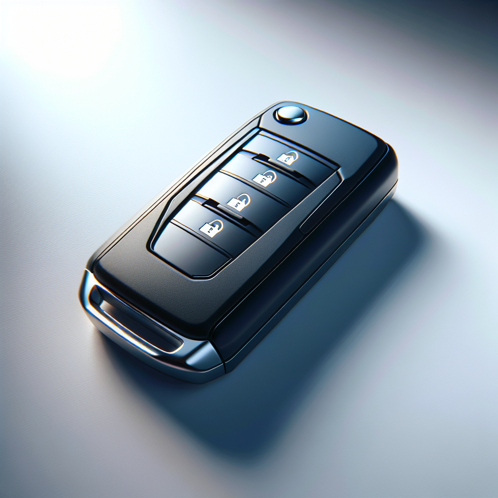 A sleek, modern electronic car key on a white surface.