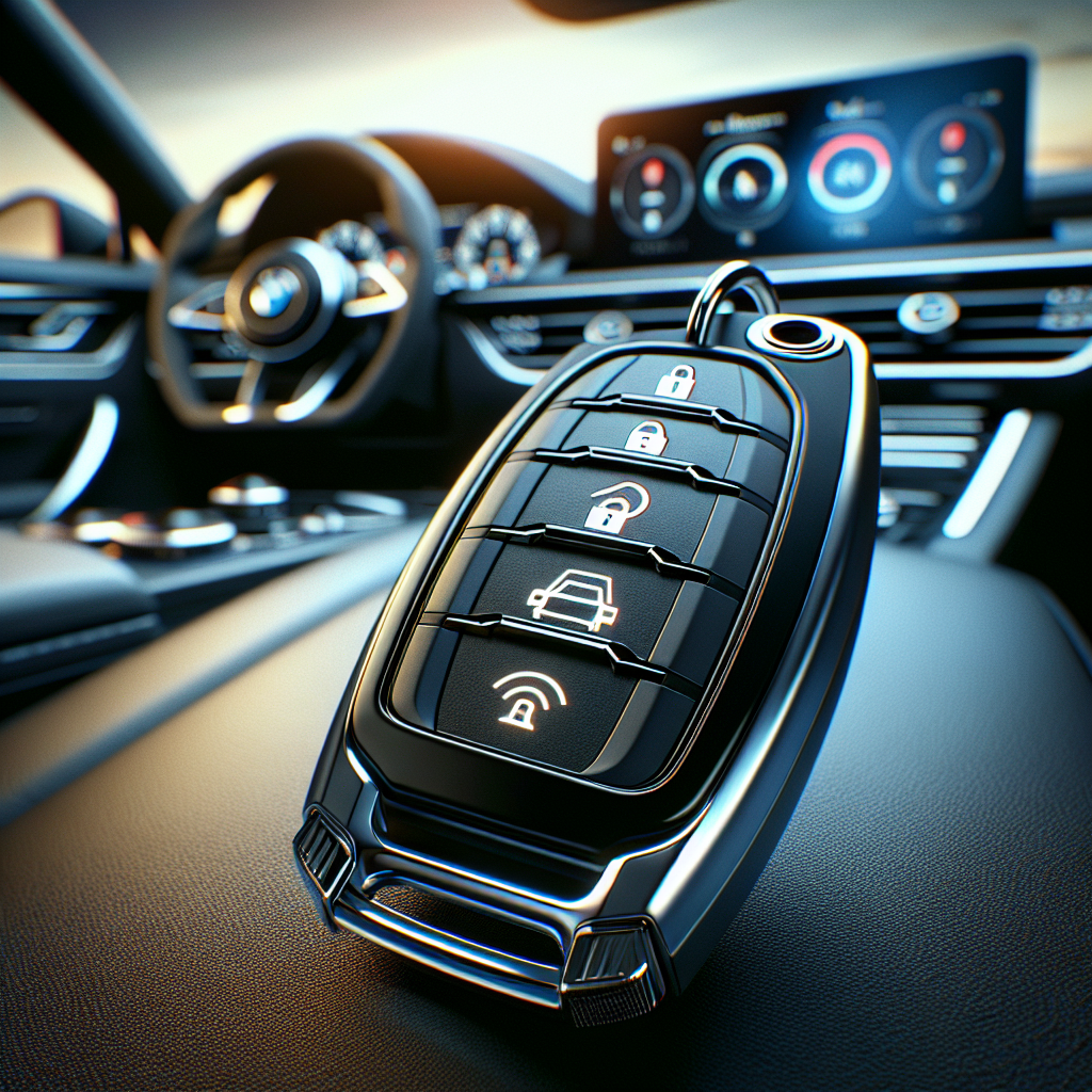 A modern electronic car key with a German car interior in the background.